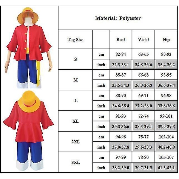 One Piece Monkey D. Luffy Cosplay-kostym Halmhattar Set Fancy Dress Up 3XL