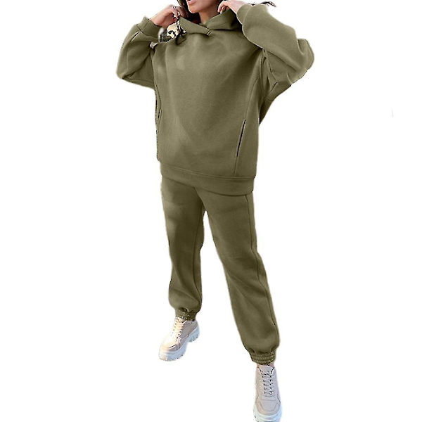 Dame fleece treningsdress sett med hettegenser og bukse - Casual sportsdress V Army Green L