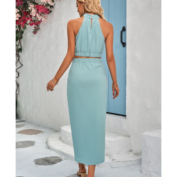 Enfärgad hängande hals ärlös klänning set - blue m