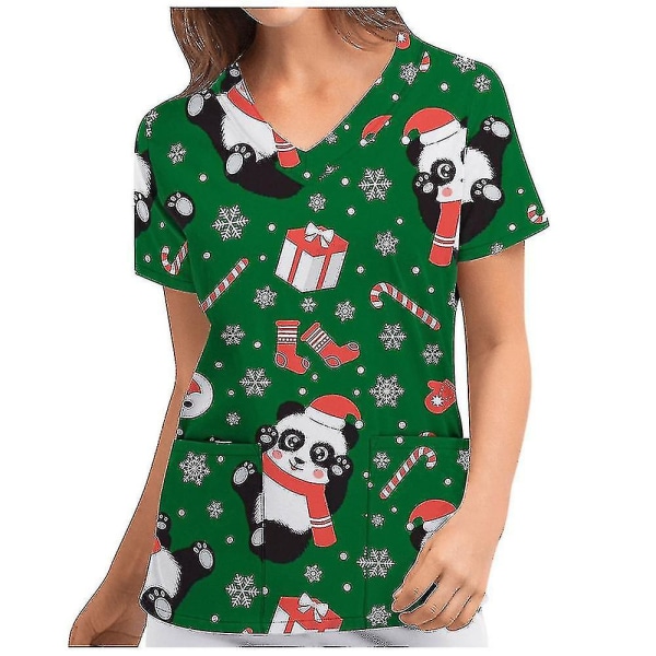 Jul Kvinner Ammeuniform Scrub Kortærmet T-skjorte Xmas Bluse Tee Topper V-ringet Army Green M