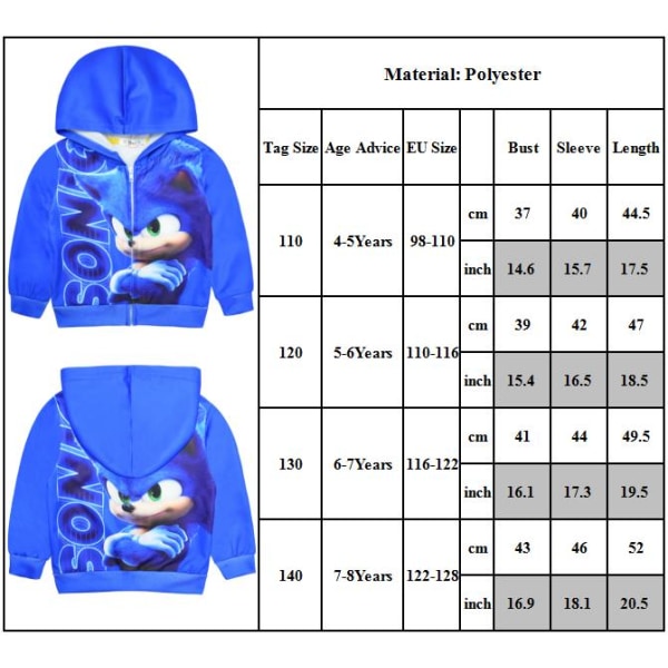 Kids Sonic Print Blue Zip Jacka Hoodie Vinter Ute Kläder Pojkar Flickor 110cm