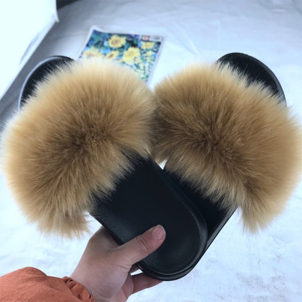 Kvinder Komfortable Fluffy Faux Fur Flad Sliders Tøfler Sandaler - Khaki 41