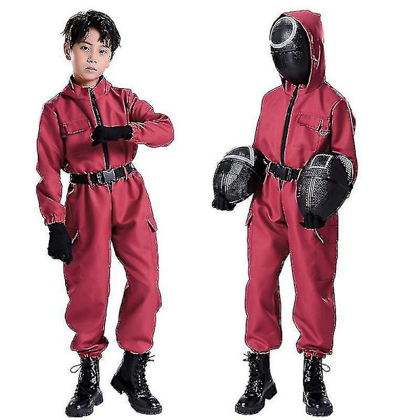 Barn Squid Game Kostym Cosplay Jumpsuit + Squid Game Mask Halloween Outfit Presenter Party-i V 140 circle