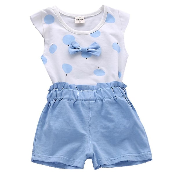 Baby Kids Girl Summer Outfit Bow T-shirt Top Shorts Casual Clothing Set W Blue 12-18 Months
