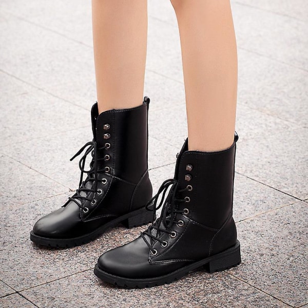 Snørebånd Pu Læderstøvler Kvinder Blok Hæl Mid Calf Sko Gothic Punk Lav Hæl Støvler V 41