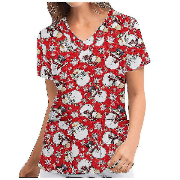 Jul Kvinner Ammeuniform Scrub Kortærmet T-skjorte Xmas Bluse Tee Topper V-ringet Carmine M