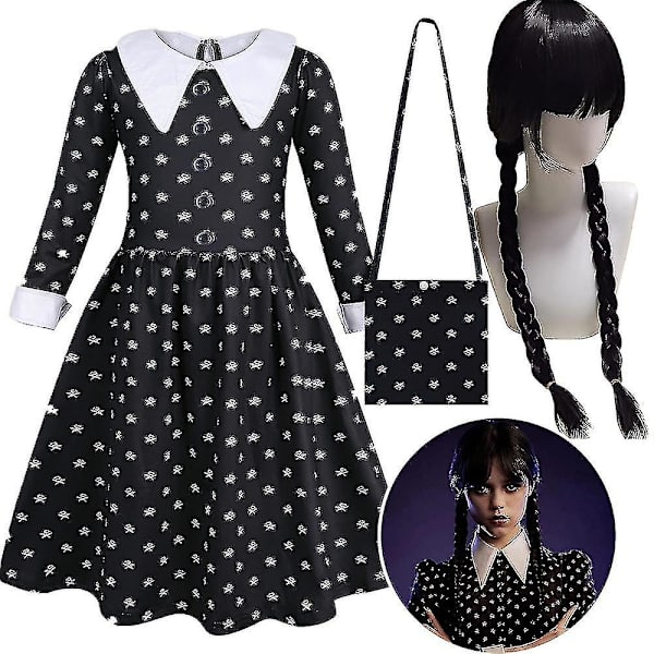 Wednesday Addams Cosplay Flickor Barnklänning Perukväska Festkostym Karneval Halloween Film Rollspel Fancy Dress Up Kläder Dress Bag and Wig 4-5 Years