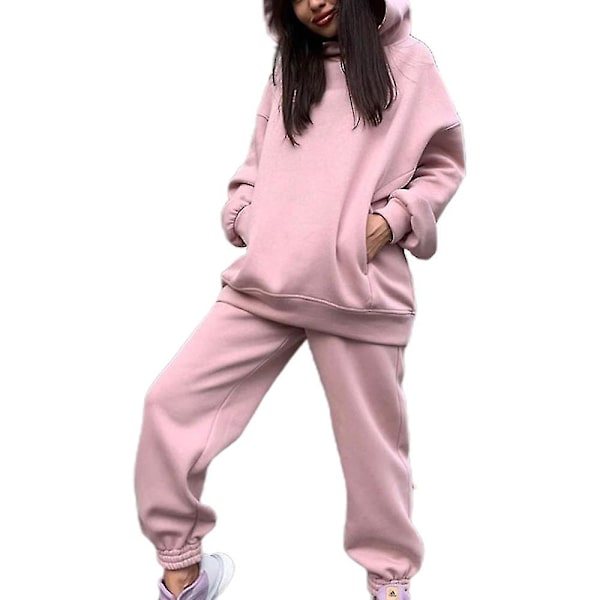 Løs treningsdresssett Fleece hettegenser bukser Casual Sport Suit V Pink XL