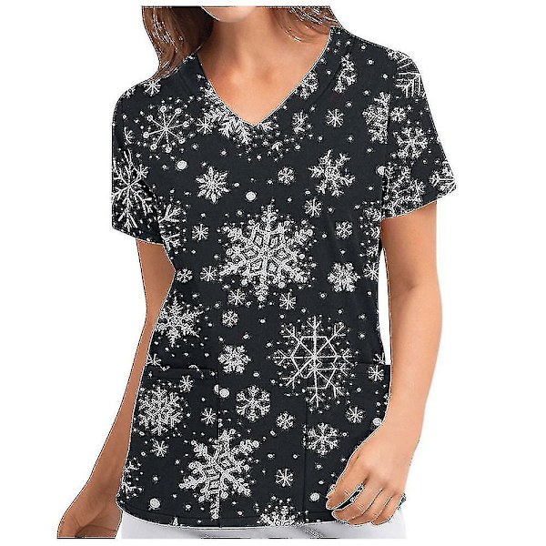 Jul Kvinner Ammeuniform Skrubb Kortærmet T-skjorte Xmas Bluse Tee Topper V-ringet Dark Black M