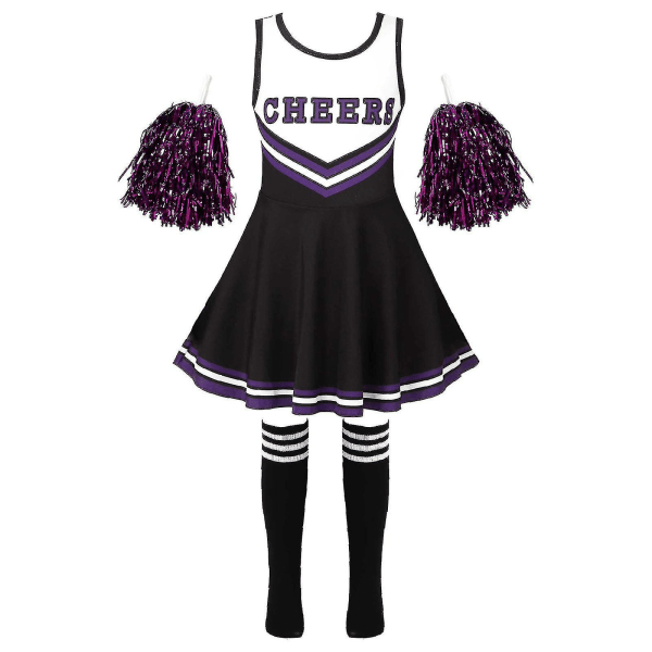 Barn Cheerleading Kostym Skolejenter Cheerleader Uniformer Cheer Dans Antrekk For Halloween Kjole Med Strømper Blomst D_y Black 11-12 Years