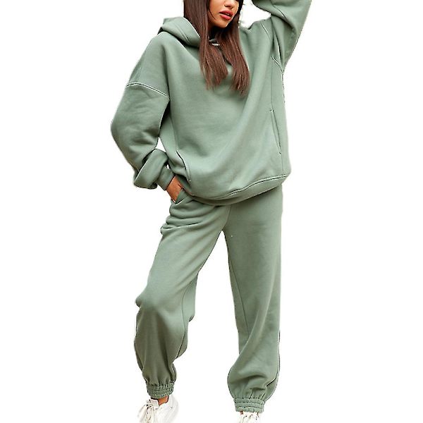 Dame fleece treningsdress sett hettegenser bukser casual sportdress V Light Green L