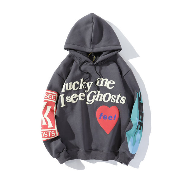 Unisex Kanye ucky Me I Sees Ghost etter Graffitimönster Hip Hop Pullover Thicken Hoodie För Pojkar Och Girgls - Grey L