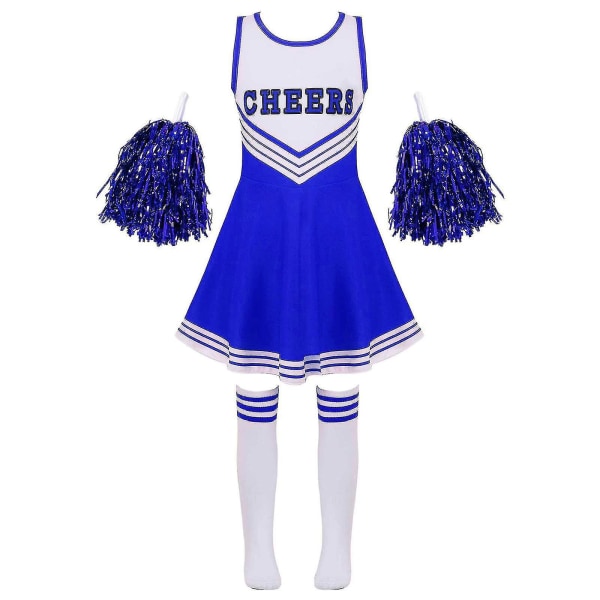 Barn Cheerleading Kostyme Skolejenter Cheerleader Uniformer Cheer Dans Antrekk For Halloween Kjole Med Strømper Blomst D_y Blue 11-12 Years