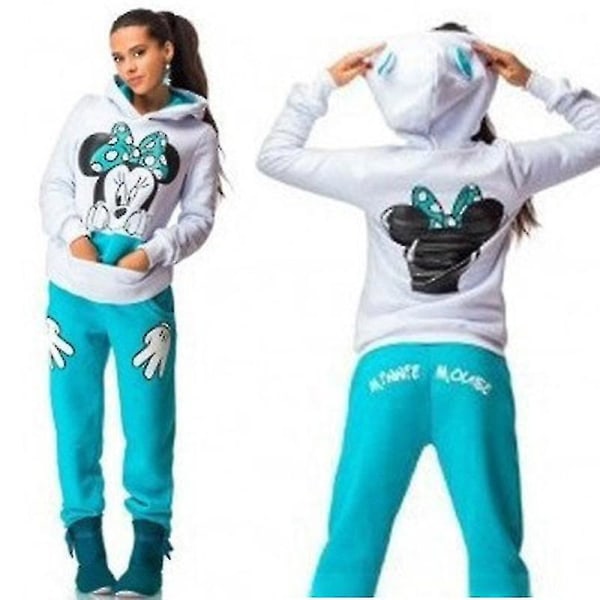 Hmwy-kvinnor Mickey Minnie träningsoverall hoodie joggingbyxor set Blue Minnie Mouse XL