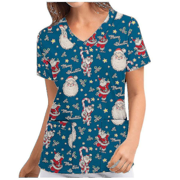 Jul Kvinner Ammeuniform Skrubb Kortærmet T-skjorte Xmas Bluse Tee Topper V-ringet Royal Blue M