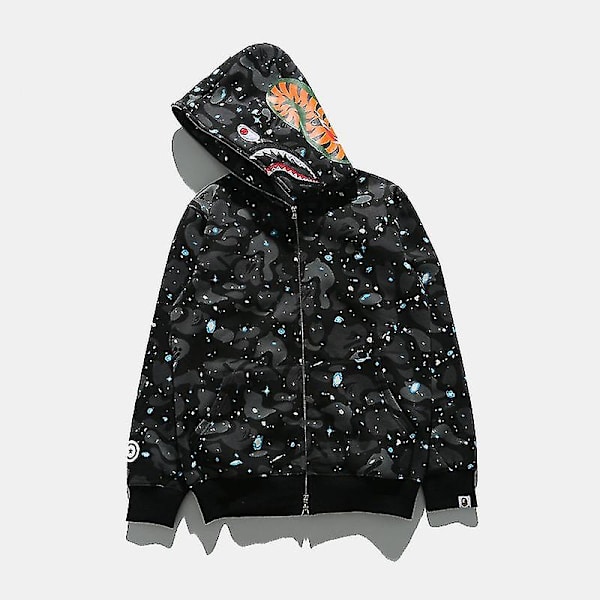 Shark Head Camo Hoodie Herre Langærmet Zip Up Sweatshirt Hip Hop Casual Tynd Jakke - B M