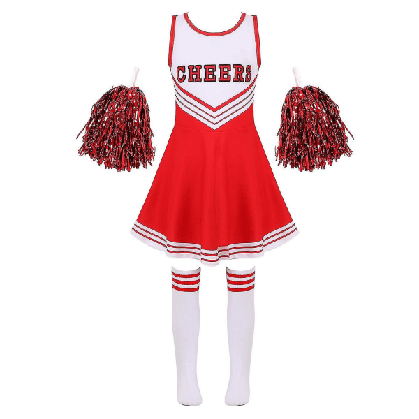 Barn Cheerleading Kostym Skolejenter Cheerleader Uniformer Cheer Dans Antrekk For Halloween Kjole Med Strømper Blomst D_y Red 3-4 Years