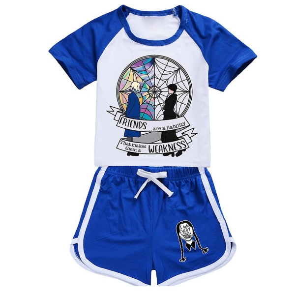 Barn Flickor Onsdag Addams Printed T-shirt Shorts Outfits Set Pyjamas Sovkläder Loungewear Sommar träningsoverall Blue 9-10 Years