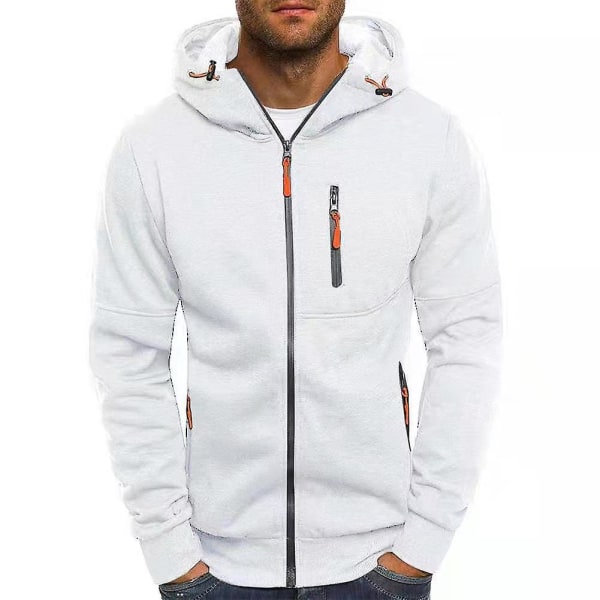 Herre Zip Treningsjakke Gym Hooded Genser Langarmet Sweatshirt Gym Topp Høst Vinterjakke White 3XL