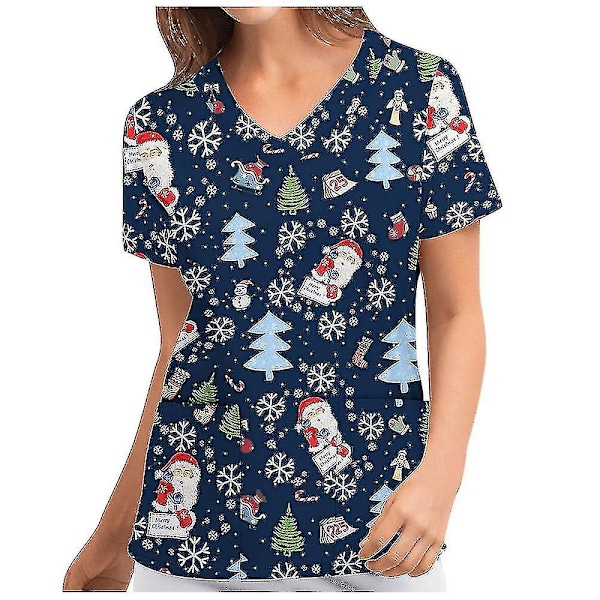 Jul Kvinner Ammeuniform Skrubb Kortærmet T-skjorte Xmas Bluse Tee Topper V-ringet Blue M