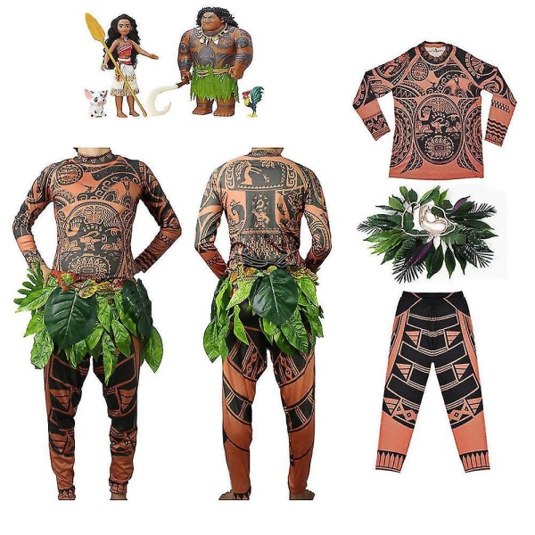 Maui-tatuointi T-paita/housut Halloween aikuiset miehet naiset Cosplay-asut lehtikoristeilla Blattern Halloween aikuiset Cosplay V Kids 110cm