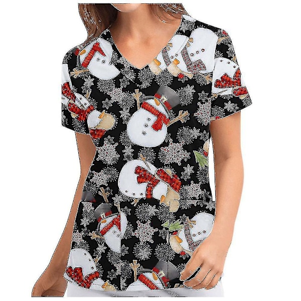 Jul Kvinner Ammeuniform Skrubb Kortærmet T-skjorte Xmas Bluse Tee Topper V-ringet Light Black M