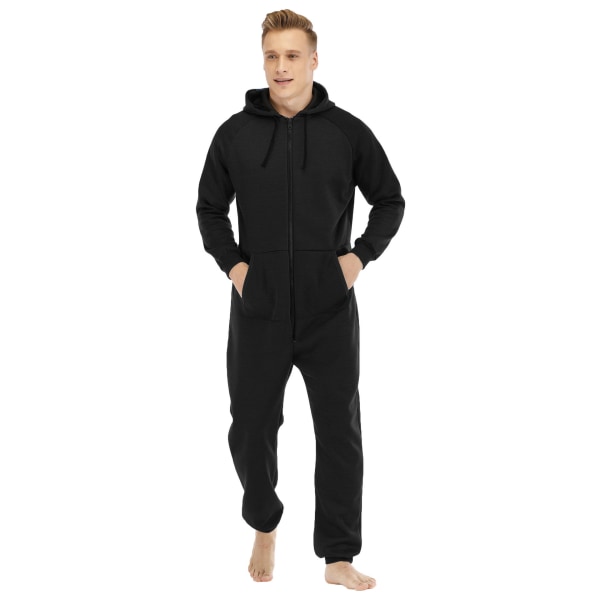 Varm fleece pyjamas med huva för män Black S