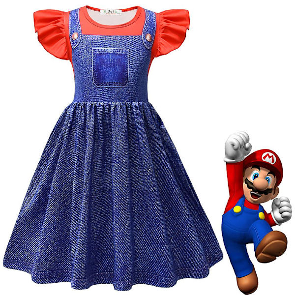 4-9-vuotiaat tytöt Prinsessa Peach/Super Mario Cosplay-juhla-asu Mekko Lahjat Denim Red 6-7 Years