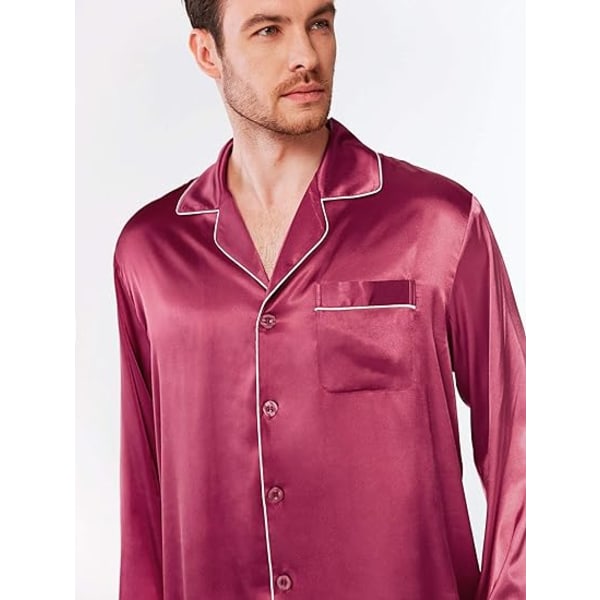 Pyjamasset för män i sidensatin, långärmad PJ set med knappar och sovkläder i fickor wine red xxl