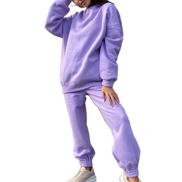 Dame Løs Treningsdress Sett Fleece Genser Bukser Casual Sport Dress V Purple M