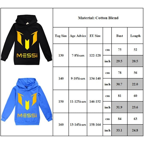Messi Hoodie Fotball Superstar Jenter Klær Barn Mote Gutter Messi Hoodie Marineblå Navy blue Navy blue 130 cm