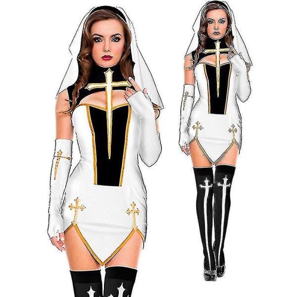 Sexig nunna seniordräkt karneval Halloween kyrka religiösa kloster Cosplay fin festklänning V White XXL
