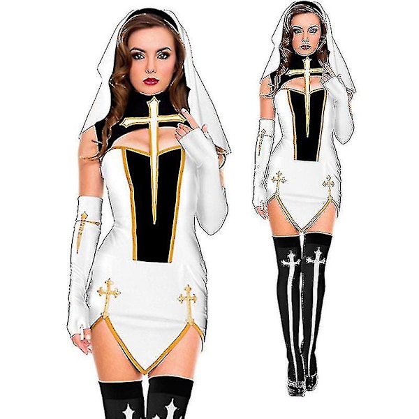 Sexig nunna seniordräkt karneval Halloween kyrka religiösa kloster Cosplay fin festklänning V White XXXL