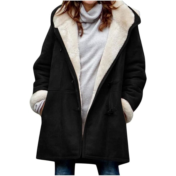 Dame Vinterfrakke Tyk Varm Fleece Hættejakke Dame Casual Plus Size Parka Jakke V Black M