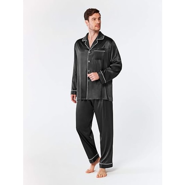 Pyjamasset för män i sidensatin, långärmad PJ set med knappar och sovkläder i fickor Black xl
