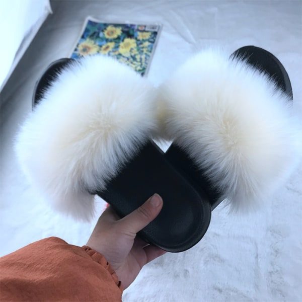 Kvinnor Bekväma Fluffiga Fuskpäls Platt Sliders Tofflor Sandaler - Khaki 43