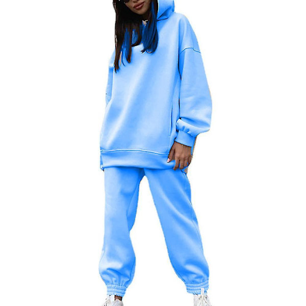 Løs treningsdresssett Fleece Genser Bukser Casual Sport Dress V Blue M