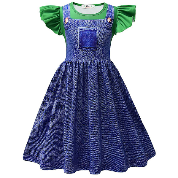 4-9-vuotiaiden tyttöjen prinsessa Peach/Super Mario Cosplay-juhla-asu Mekko Lahjat Denim Green 8-9 Years