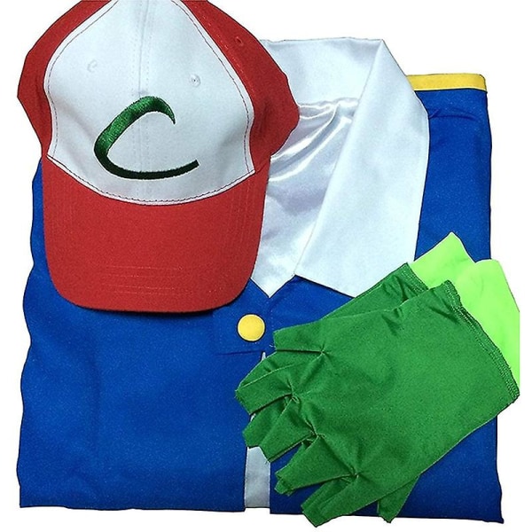 Män Anime Trainer Kostym Pojkar Ash Ketchum Vuxen Cosplay För tjejer Halloween Blue Jacket Cap och handskar Set Yz Kid 130