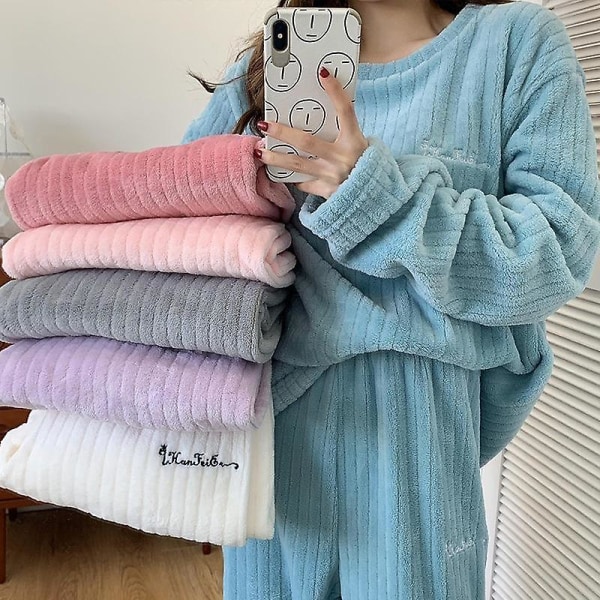 Kvinnor vinter pyjamas set varma hemkläder vinter sovkläder kvinnlig flanell byxor kostym V Grey M