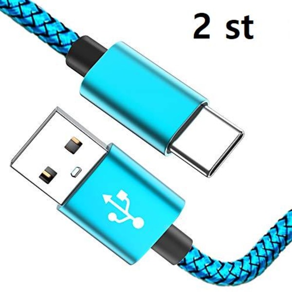 2 st 2 m top kvalitet  USB-C färgade kabel|ljusblå