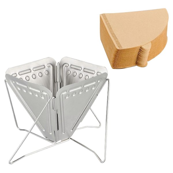 Kaffetragt Filterholder, Bærbar Foldbar Rustfrit Stål Genanvendelig Kaffekeglefilter 100 stk. Filterpapir til Picnic Camping
