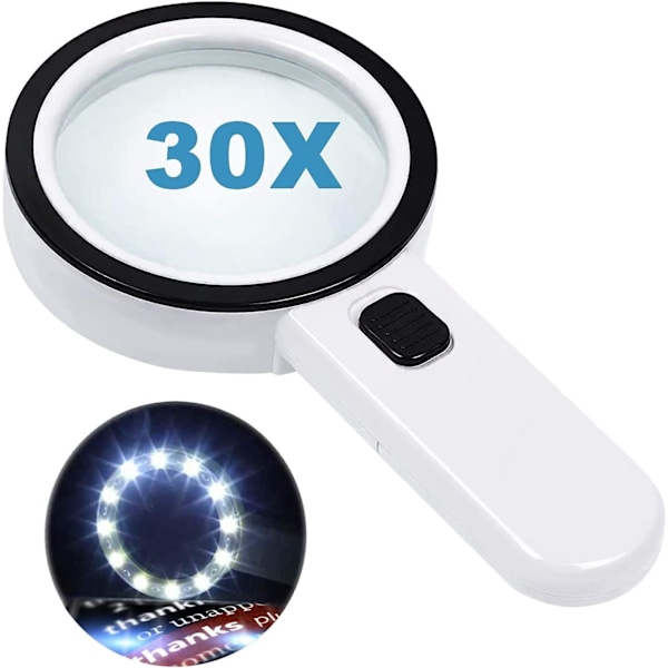 Leselupe med 12 LED-lys, 30 x dobbelt glasslinse for eldre lesing, mynter, frimerker, kart