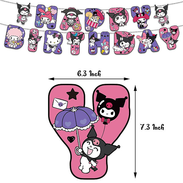 My Melody Kuromi -piirrettyjen hahmojen lasten tyttöjen syntymäpäiväjuhlatarvikkeet -setti, jossa ilmapalloja, lippuja, kakkukoristeita ja sisustusta