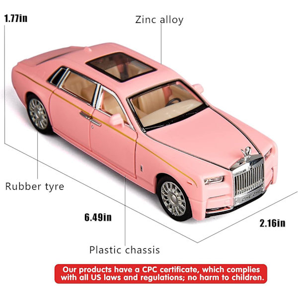 1/32 Rolls-Royce Phantom Modellbil, Zinklegering Dragbil Leksak med Ljud och Ljus för Barn Pojke Flicka Present (Rosa)