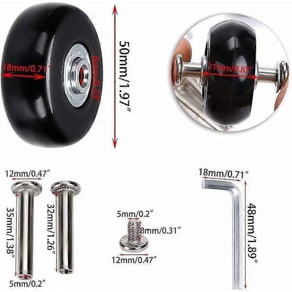 4 kpl 50 x 18 mm varaosapyöriä matkatavaroille, matkalaukuille, kumiset pyörät, laakerit, korjaussarjat, musta
