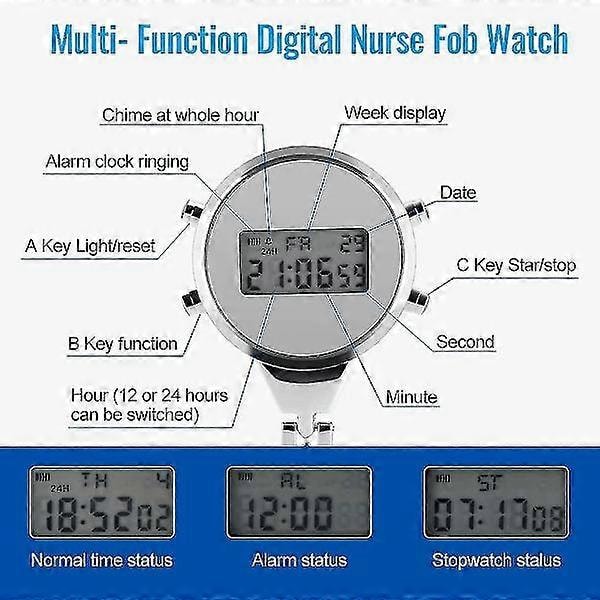 Sygeplejerske Lommeur, Digital Multifunktionel Brosche-Ur med Lysende Display og Kalender