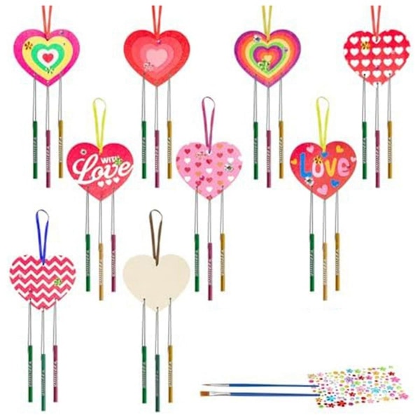 9 Pack Heart Wind Chime Make You Own Love Wind Chimes DIY Colorful Valentine's Day Wooden Craft B