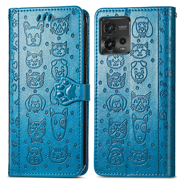 Fodral för Motorola Moto G72 Flip Wallet Präglad Omslag Etui Housse Katt Hund Mönster - Blå