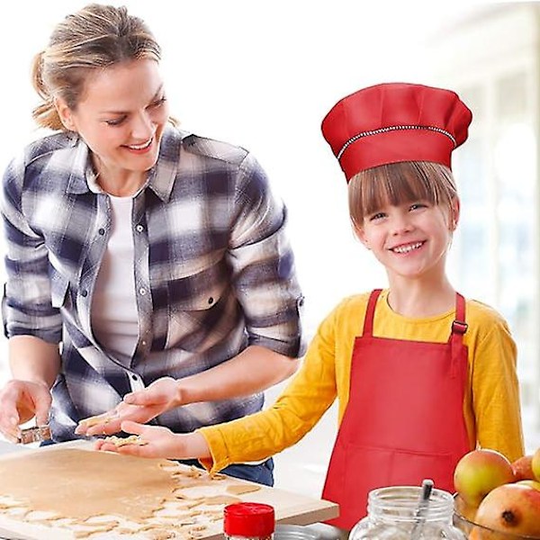 Barnförkläde och kockhattset, justerbart barnförkläde med 2 fickor för pojkar och flickor, för matlagning, bakning, målning (7-13 år)